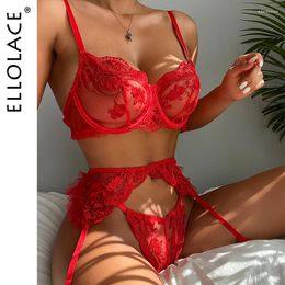 Bras Sets Ellolace Sensual Lingerie Red Lace Transparent Bra Garters Thongs Embroidery Fancy Bilizna Set Sexy Costume 3-Pieces Intimate