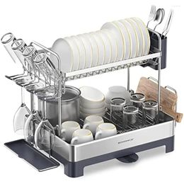 Kitchen Storage Dish Drying Rack - 2 Tier For Counter With Rotatable And Extendable Drain Spout Drainer