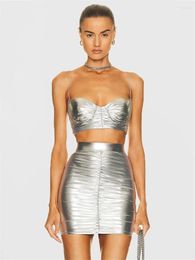 Work Dresses Fashion Folds Women Two Piece Set Silver Strapless Crop Top Hight Waist Mini Skirts Summer Bodycon Nightclub Party Matching