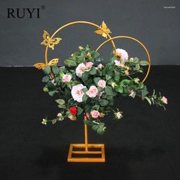 Decorative Flowers Gold/white Double Ring Butterfly Flower Stand Wrought Iron Round Arrangement Ware Wedding Table Centerpiece Deco Ornament