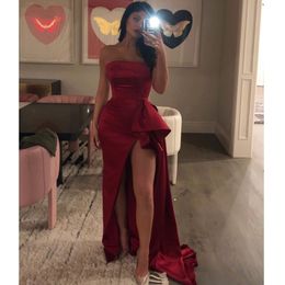 Wine Red Split Formal Party Mermaid Long Prom Dresses Robe 2021 Strapless Satin ladies Evening Gowns vestidos arabes fiesta 356W