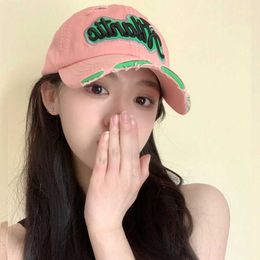 Pink Distressed Baseball Cap for Women with Large Head Washed and Punctured Water Deepened Wide Brimmed Duck Tongue Hat Revealing a Small Face Trendy Korean Vers