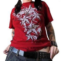 Women's T Shirts Y2k Women Tee Summer Clothes Short Sleeve Loose Tops O Neck Skull Star Print T-Shirts Vintage E-Girl Baggy Aesthetic Tees