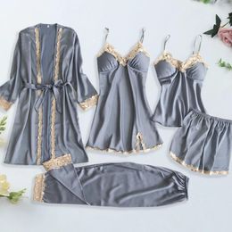 Home Clothing Women Silk Sling Sleeping Loose Comfortable Lace Pyjamas Set Satin Patchwork Nightwear Rayon Wear Nighty&Robe Suit