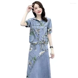 Work Dresses Summer Plus Size Print Denim Dress 2024 Women Two-Piece Suit Long Skirt Suits Short Sleeve Hooded Jacket