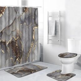 Shower Curtains 4pcs/Set Marble Curtain Abstract Gold Texture White Grey Black Simple Design Bathroom Decor Bath Mat Rug Toilet Cover