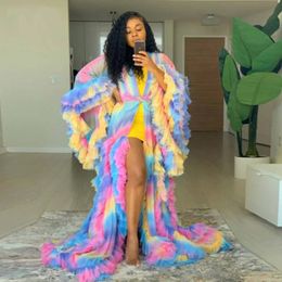 Rainbow Chic Prom Dresses Robe Puff Full Sleeves Ruffles Tiered See Thru Maternity Photoshoot Vestidos Colorful Evening Dress 237j