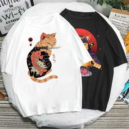 Men's T-Shirts Catana T Shirts 90s Vintage Japan Aesthetics Tops Funny Cartoon Cat Print T Women Men Fashion Short-slv Ts Samurai Shirt T240510