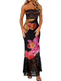 Casual Dresses Women's Long Bodycon Dress Sleeveless Strapless Lace Patchwork Tube Vintage Party