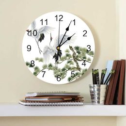 Wall Clocks White Crane Pine Tree Chinese Style Decorative Round Wall Clock Custom Design Non Ticking Silent Bedrooms Large Wall Clock