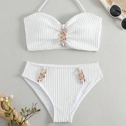 Women's Swimwear Halter Bikini Top Rhinestone Chain Decor Swimsuit Bra High Waist Set Quick Drying For Women