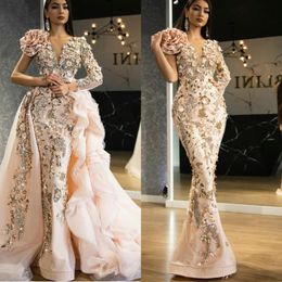 Hand Made Flowers Mermaid Prom Dresses V Neck Long Sleeve Beading Crystal Evening Dress With Detachable Train Party Gowns 306C