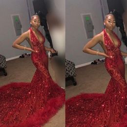 Sparkle Mermaid Red Prom Dresses 2020 Deep V Neck Lace Appliques Mermaid Sequins Feather Court Train Black Girls Evening Dresses 247g