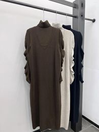Work Dresses 2024 Women's Fashion Suit Turtleneck Sleeves Wavy Knitted Top Long Slim Vest Dress Two-piece Set 1104