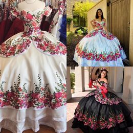 2021 Vintage White Black Quinceanera Dresses Charro Mexcian Girls Floral Applique Crystal Tiered Skirt Off Shoulder Ball Gown Sweet 16 297Z