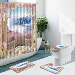 Shower Curtains 3D Natural Scenery Flower Green Leaf Butterfly Non-Slip Pedestal Flannel Rugs Toilet Cover Bathroom Set Bath Mat