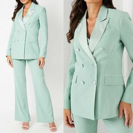 Mint Green Women Pants Suits 2 Pieces Custom Made Slim Fit Double Breasted Mother Of Bride Blazer Jacket Wear
