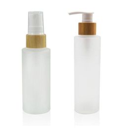50ml 100ml 120ml 150ml Flat Shoulder Frosted Glass Spray Pump Bottles with Bamboo Lid for Skin Care Serum Lotion Shampoo Shower Gel Toi Hnri