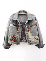 WomenS Spring Splicing Large Pockets Denim Jacket Fashion Jacquard Embroidery Slim Short Cowboy Outerwear Printed Basic Coat 240513