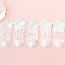 Women Socks 5 Pairs Women's White Shallow Mouth Glass Silk Spring And Summer Pure Cotton Thin Section Plaid Slip Anti Breathable