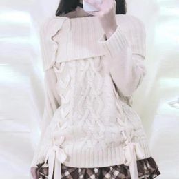Women's Sweaters 2000s Retro Kawaii Knitted Sweater Japanese Off Shoulder Tie Up T-shirt Preppy Cute Fairy Vintage Pullovers Tops Y2K