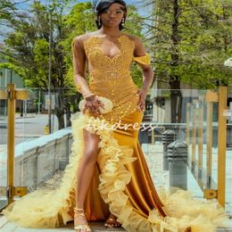 Velvet Gold Mermiad Prom Dresses 2024 Plus Size High Slit Black Women Evening Dress Diamond Crystal Ruffles Birthday Dress Gorgeous Fifteen Dance Formal Gown Aso Ebi
