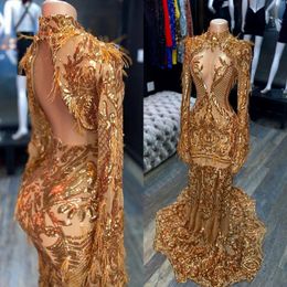 Arabic Aso Ebi Gold Evening Pageant Dresses 2021 Real Image Luxury Feather Long Sleeve High Neck Mermaid Prom Reception Gown 3071
