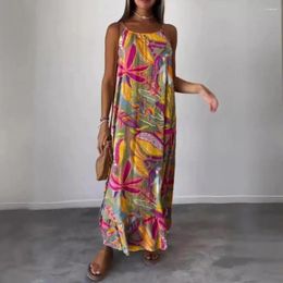 Casual Dresses Loose Fit Beach Dress Women Summer Bohemian Style Leaf Print Maxi For Vacation Sleeveless Backless O