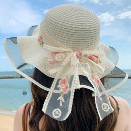 Foldable Big Brim Floppy Girls Straw Hat Sun Hat with Bow Elegant Protection Shade Fashion Women Beach Hat