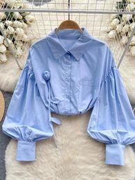 Women's Blouses High Street Fashion Raised Flower Long Sleeve Shirt Women Turn Down Collar Button Up Oversize With Chest Pocket