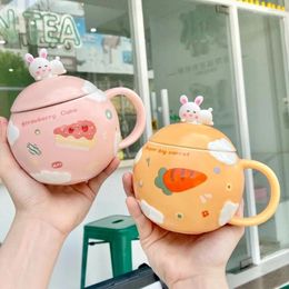 Mugs Online Celebrity Korean Cute Cartoon Ceramic Mug With Spoon Carrot Girl Breakfast Coffee Milk Cup.