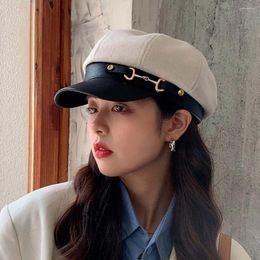 Berets Coffee Painter Hat Octagonal Cap Black Red Solid Colour Adjustable Brim Beret Pu Leather Women Korean Style