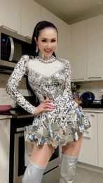 Casual Dresses Women Sparkly Sequins Mirror Long Sleeve Mesh Sexy Mini Dress 2024 Night Party Club Dancer Performance Celebrity Stage Outfit