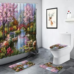 Shower Curtains Arch Bridge Garden Oil Painting Curtain Pink Trees Flowers Plant Pattern Bath Rug Non-slip Toilet Mats Bathroom Decor Set