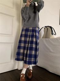 Skirts Korobov Japan Preppy Plaid For Woman Autumn Winter Vintage Woolen Pleated Long Skirt A-line Umbrella