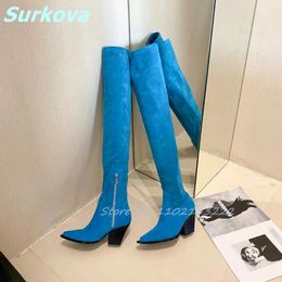 Boots Suede Over The Knee Pointy Toe Square High Heels Side Zipper Long Fashion Sexy Women Shoes Quality Luxury