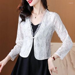 Women's Jackets Fashion Slim Lace Short Jacket Women 2024 Long Sleeve V-Neck Black White Cardigan Coat Clothes D105