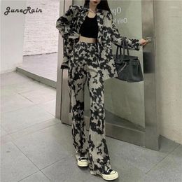 Women's Two Piece Pants JuneRain Women 2024 Spring Tie Dye Suits High Waist Wide Leg Pieces Sets Vintage Street Korean Fashion Loose