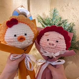 Decorative Flowers Handmade Knitting Mini Flower Pig Chicken Rubbit Bouquet Cotton Graduation Valentine's Day Gift For Girlfriend