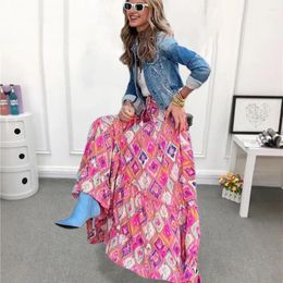 Skirts Oversize Printed Maxi Skirt Bohemian Style Vacation With Colourful Print Elastic High Waist For Women A-line Big Swing