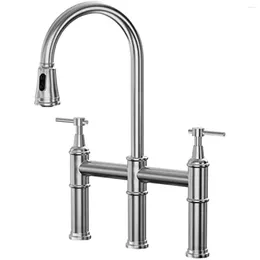 Kitchen Faucets Bridge With Sprayer 3 Holes Sink Faucet Pull Down Stainless Steel 2 Handle Swivel Spout