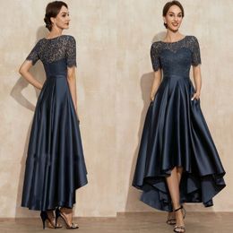 Navy Blue Satin Prom Dresses O-Neck Lace Short Sleeve Asymmetrical Sexy Evening Party Gown Vestidos De Fiesta robe soiree 2022 2604