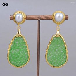 Dangle Earrings GG Freshwater Cultured White Pearl Gold Edge Plated Green Jade Carved Party Jewellery For Women Lady Gift