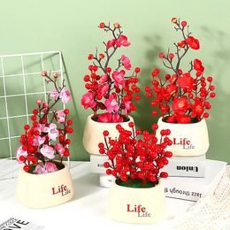 Decorative Flowers Artificial Landscape Potted Plant Scenery With Fruit And For Home Decoration Red Pink Color Garden