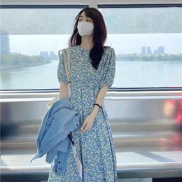 Casual Dresses Blue Bubble Sleeves Fragmented Flower Chiffon Dress For Women Summer French Gentle Stylish O-Neck Long Style Print