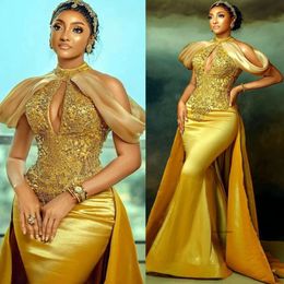 2024 Sexy Prom Dresses High Neck Illusion Keyhole Gold Lace Crystal Beads Off Shoulder Mermaid Plus Size Satin Floor Length Evening Gowns Overskirts 0513