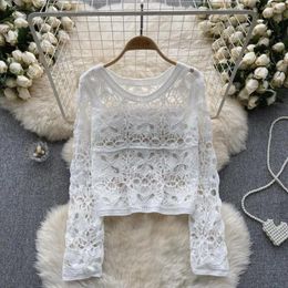 Women's Polos Bohemian Top Fashion Ladies Crochet Hollow Long Sleeve Blouse 2024 Spring Summer Women Versatile Shirt Vacation