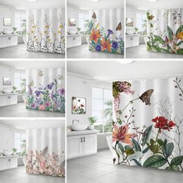 Shower Curtains Flowers And Butterfly Bathroom Curtain Waterproof Fabric Print With Hooks Dry Wet Separation Bathtub Screen Decor