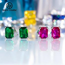 Stud Earrings Vintage Emerald Ruby Studs Solid S925 Sterling Silver For Women High Carbon Diamond Fine Jewellery Party Gift