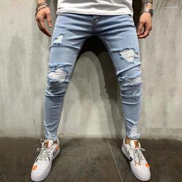 Men's Jeans Men Holes Skinny Trousers Stylish Street Style Ripped Cotton Stretch Solid Slim Fit Denim Pants For